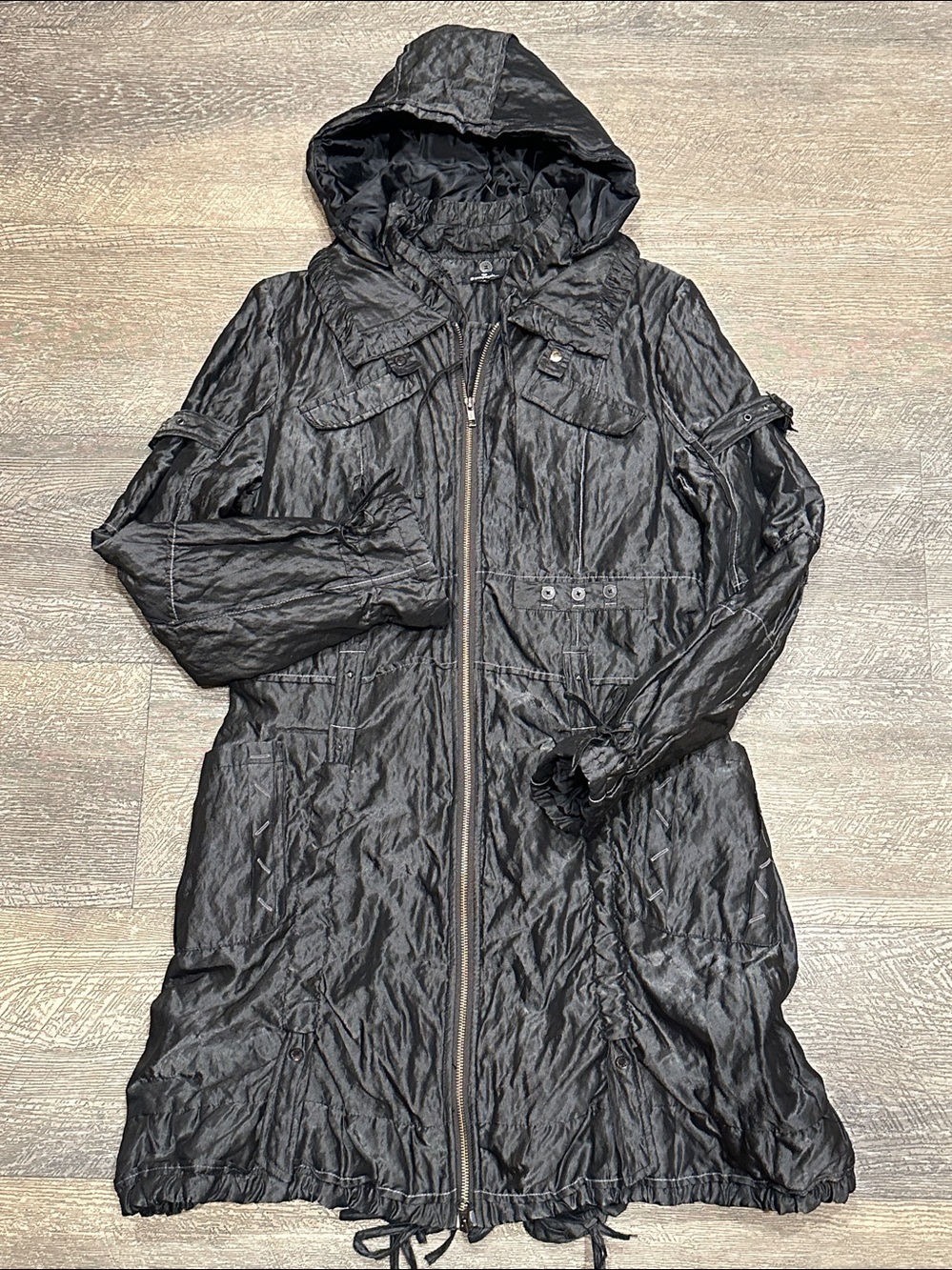 et. Compagnie Metallic Black Zip-Up Hooded Longline Padded Jacket Sz 42 (US 10)